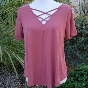 Sienna Sky Shirt With Criss-Cross Neck.